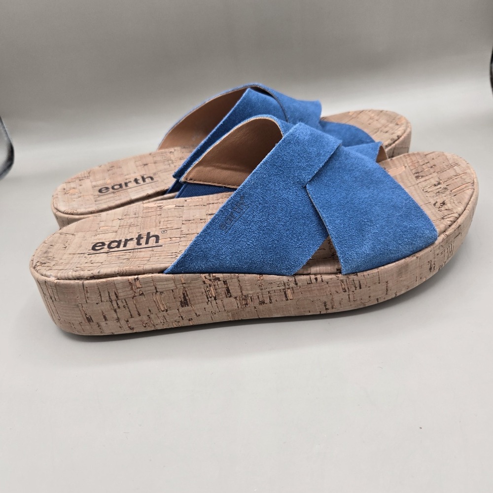 Earth Scout Blue Suede Slip On 8.5 M Sandals Cork Chunky Comfort Boho Minimal - Picture 3 of 7